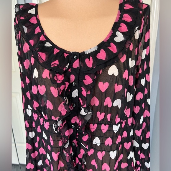 Inc Heart Print‎ Ruffle Front Semi Sheer Blouse Whimsigoth Lovecore - Picture 2 of 7